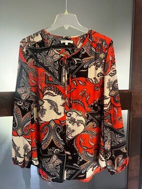 Joan Vass Orange/Black/Cream Paisley Tie-Neck Blouse size L EUC